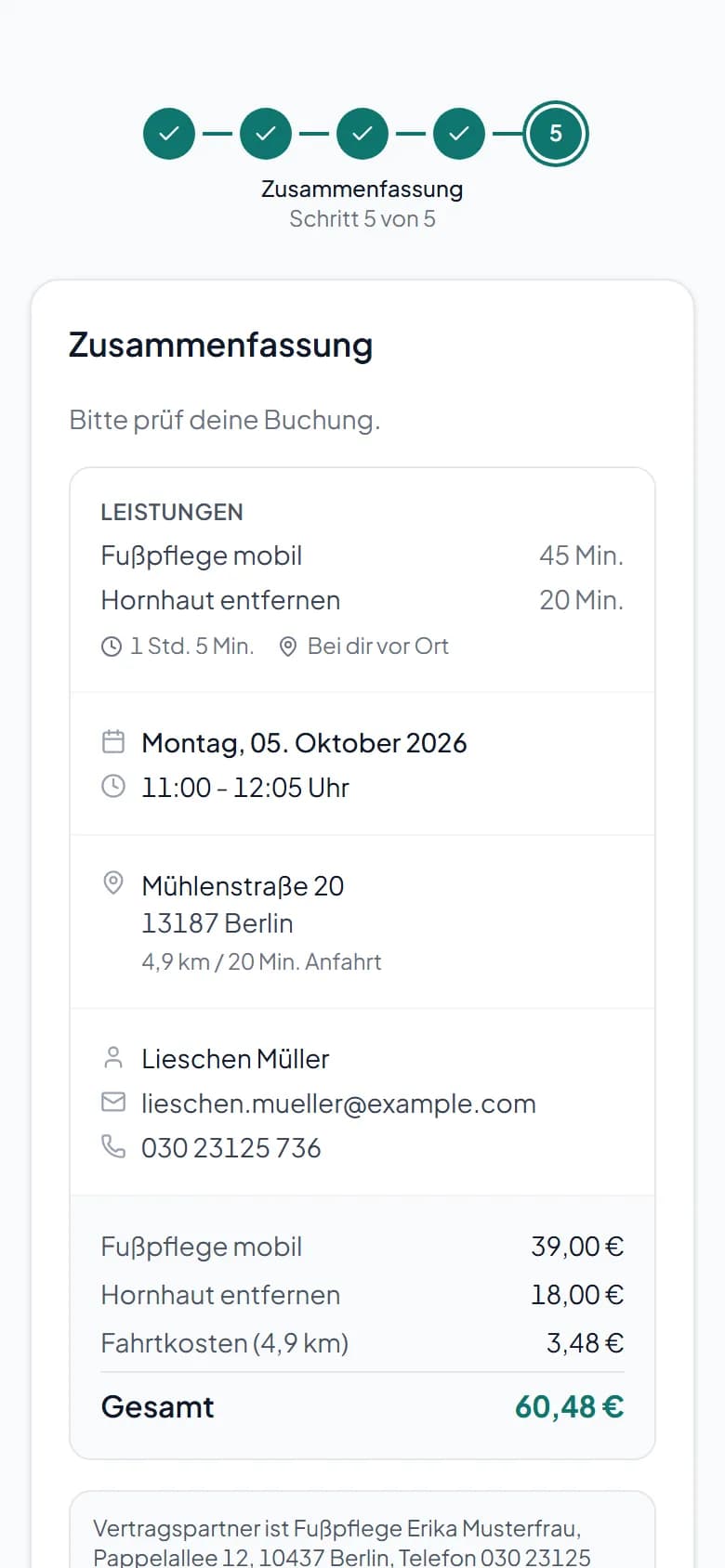 Zusammenfassung der Buchung am Handy mit den Fahrtkosten als eigener Zeile