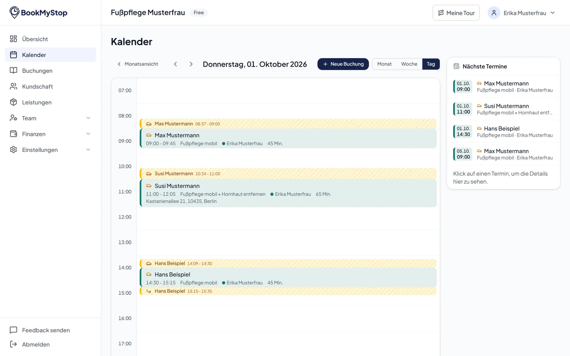 Kalender im Portal mit den Terminen eines Tages und den Fahrzeiten dazwischen