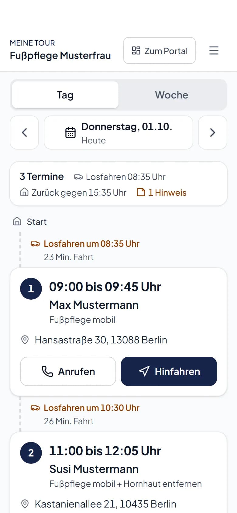 Meine Tour am Handy mit den Terminen von heute, Abfahrtszeiten und Knöpfen zum Anrufen und Hinfahren